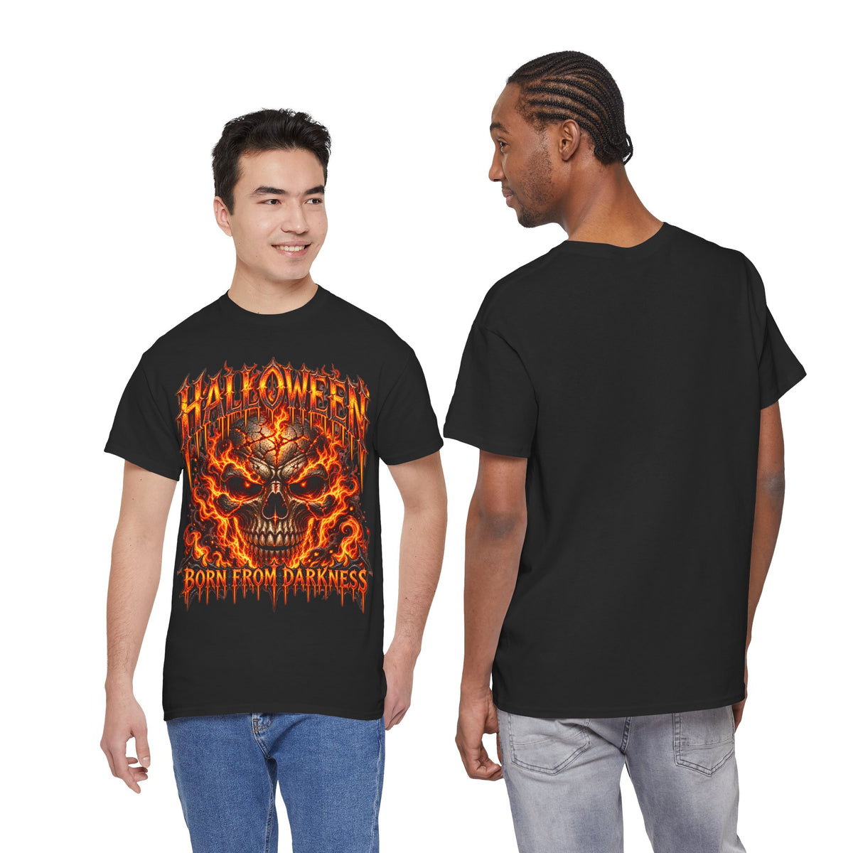 Born from Darkness Flaming Skull T-Shirt in Black — model view