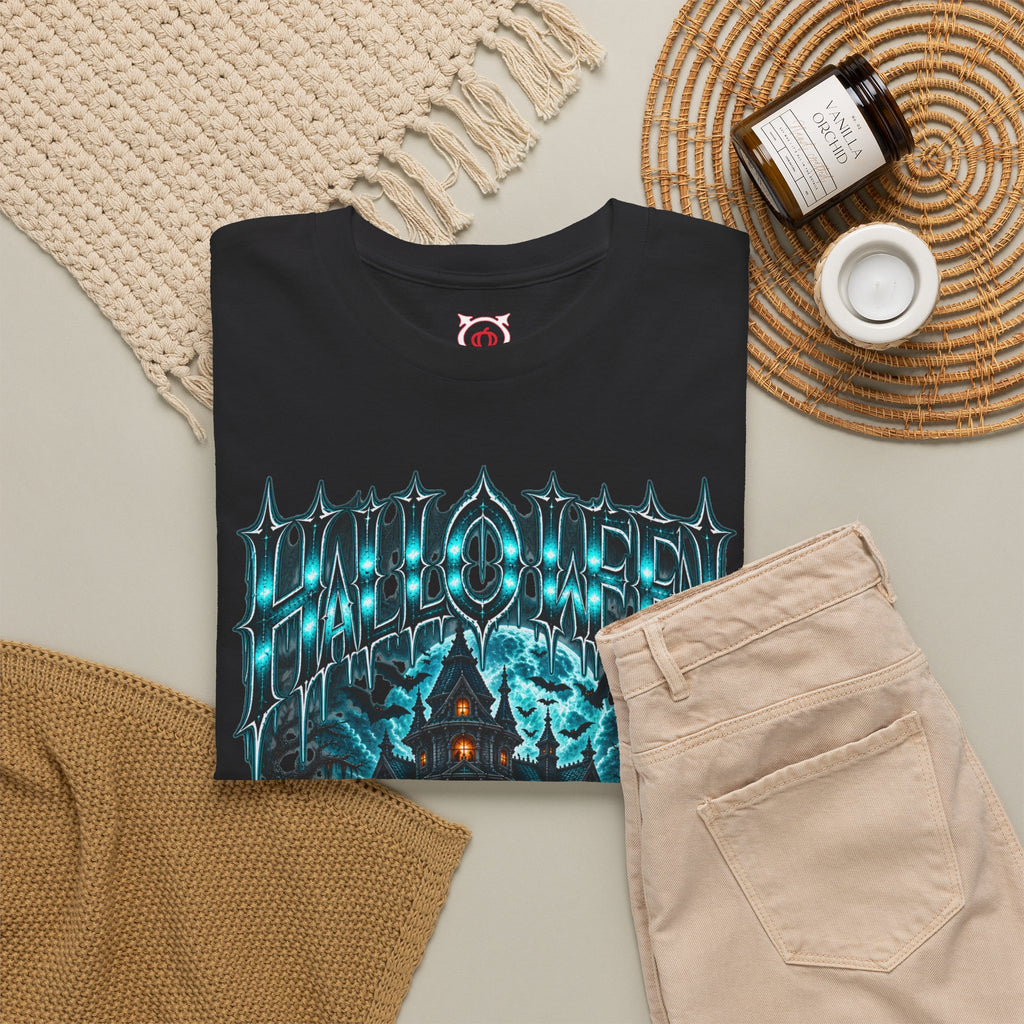 Midnight Manor Haunted House T-Shirt in Black — folded view