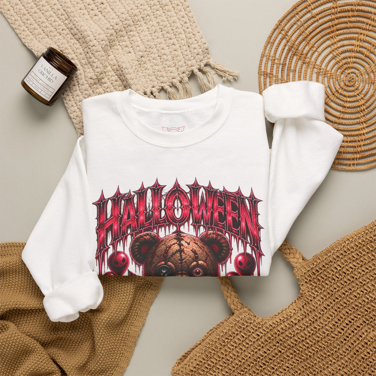 Playtime Is Over Creepy Teddy Bear Sweatshirt in White — folded view