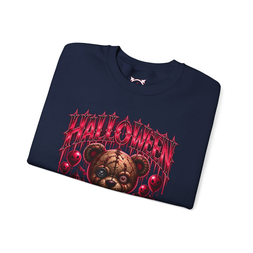 Playtime Is Over Creepy Teddy Bear Sweatshirt in Navy — folded view