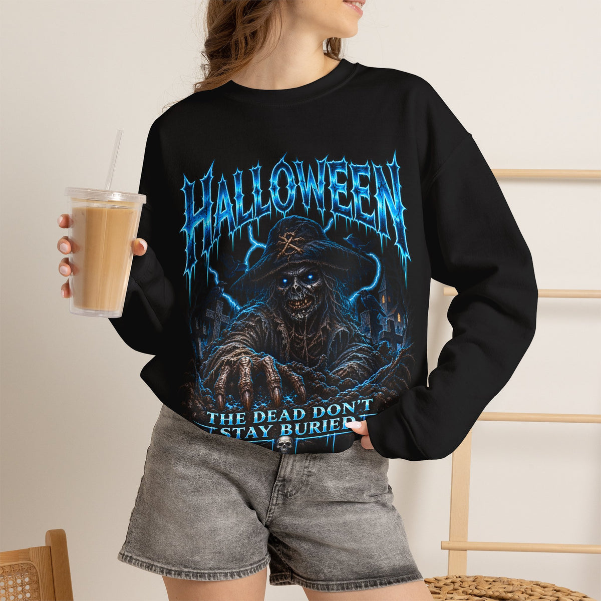 Never Buried Scarecrow Sweatshirt in Black — model view