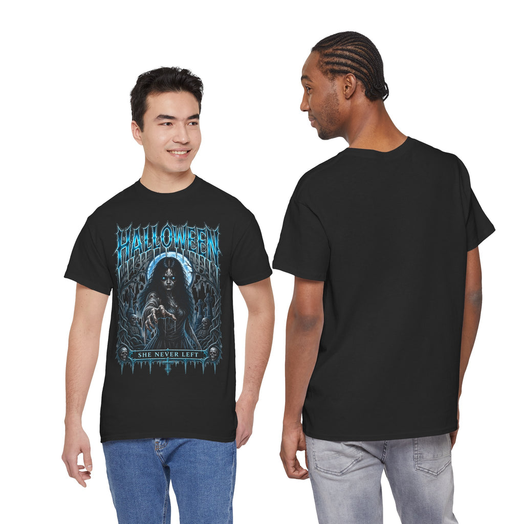 She Never Left Ghost T-Shirt in Black — model view
