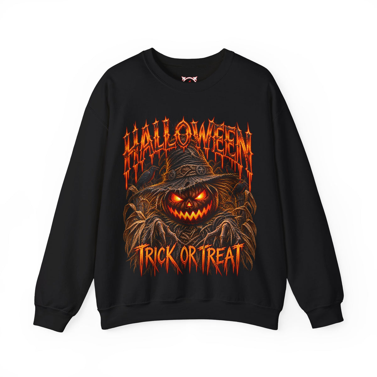 Trick or Treat Pumpkin Scarecrow Sweatshirt in Black — front view