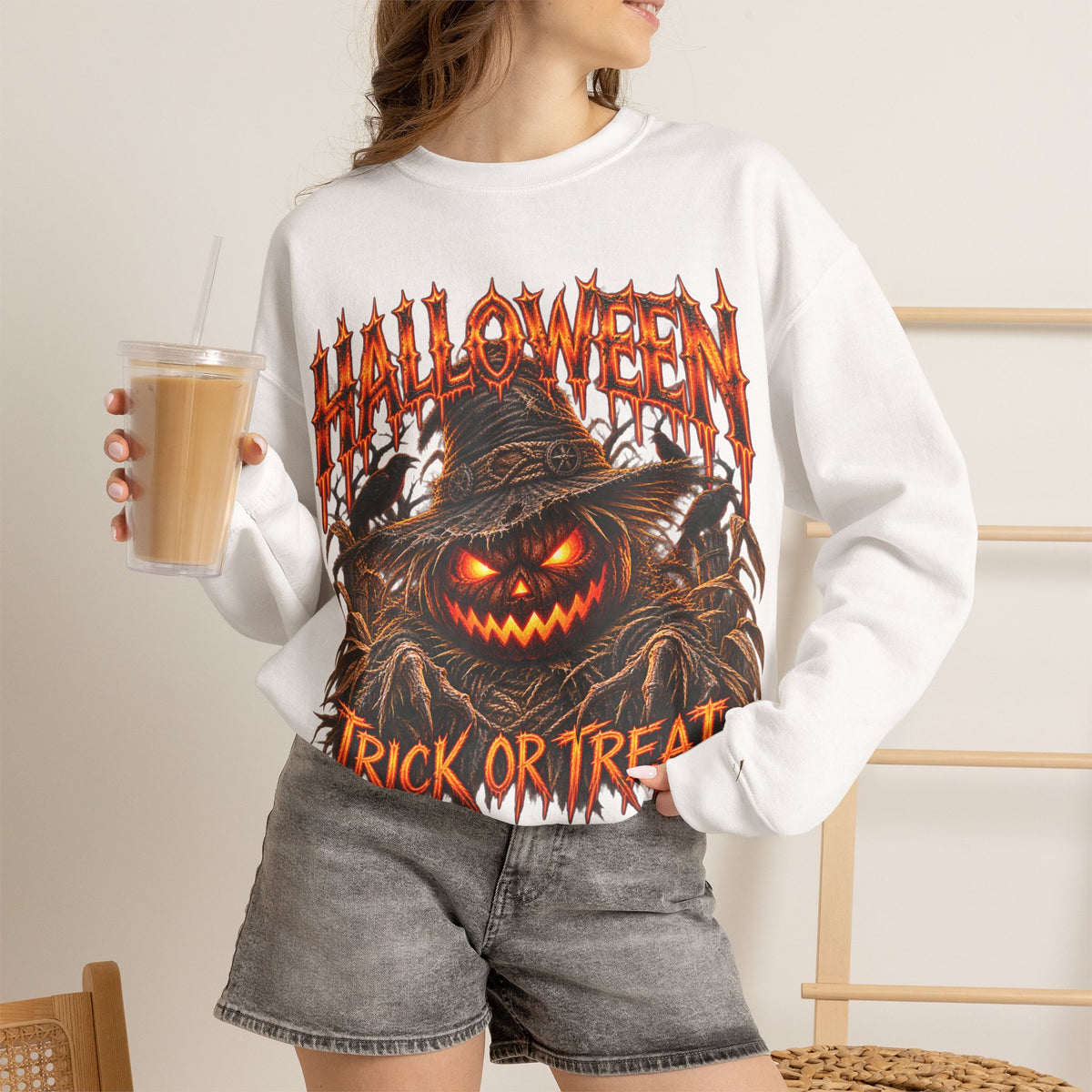 Trick or Treat Pumpkin Scarecrow Sweatshirt in White — model view