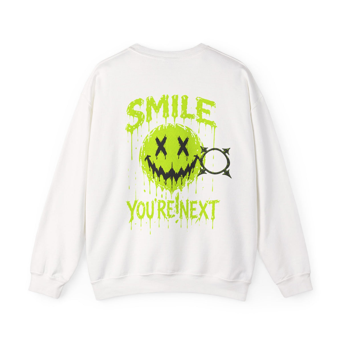 You Are Next Creepy Smiley Sweatshirt in White — back view