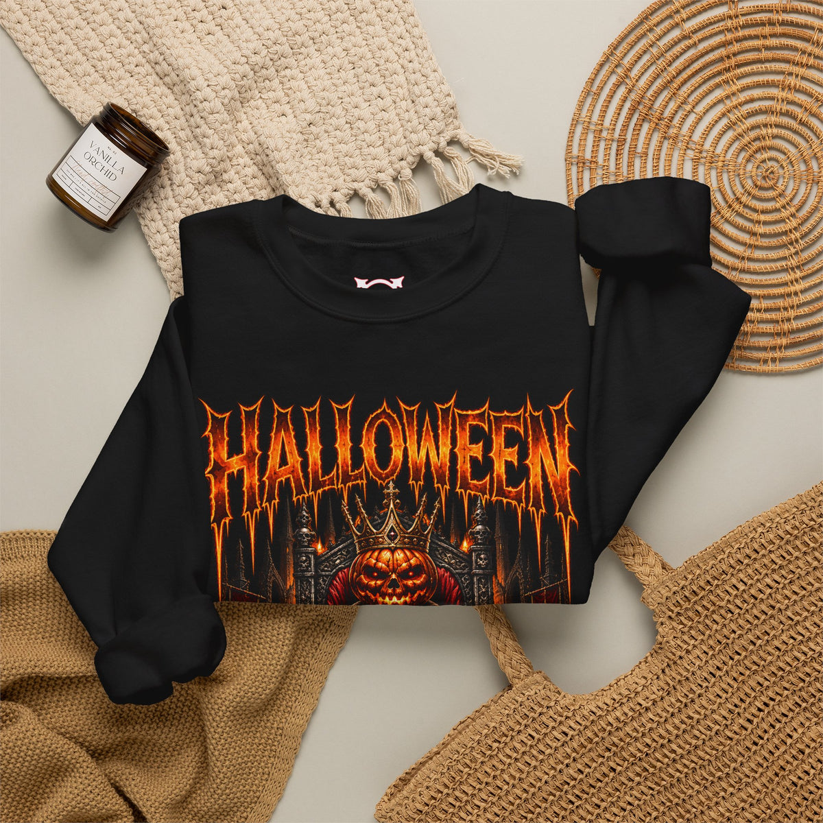 Pumpkin King Sweatshirt in Black — folded view