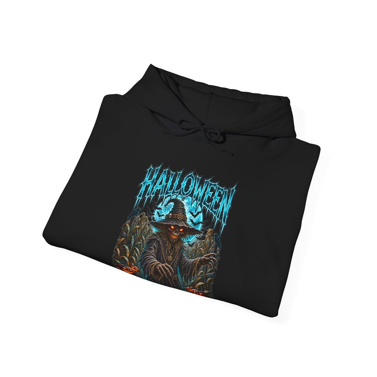 The Fields Are Watching Scarecrow Hoodie in Black — folded view