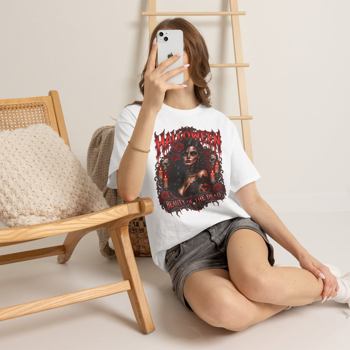 Beauty of the Dead Gothic Portrait T-Shirt in White — model view