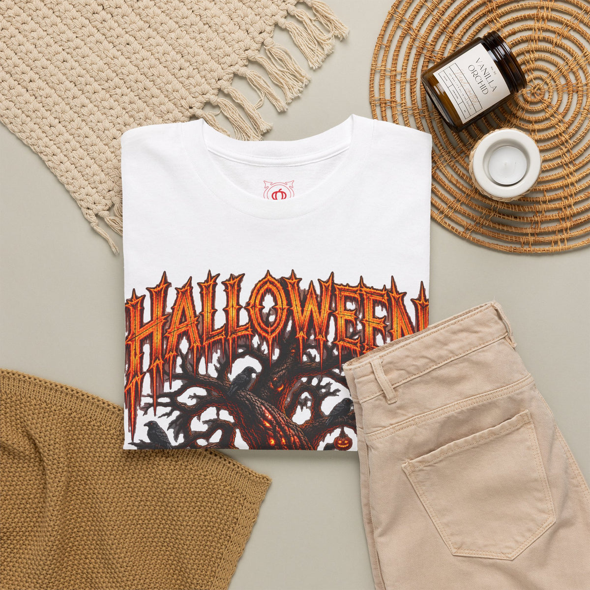 Carved by Fear Pumpkin T-Shirt in White — folded view