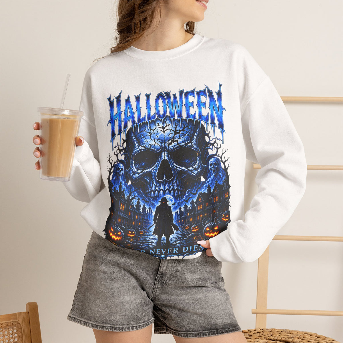 Fear Never Dies Skull Sweatshirt in White — model view