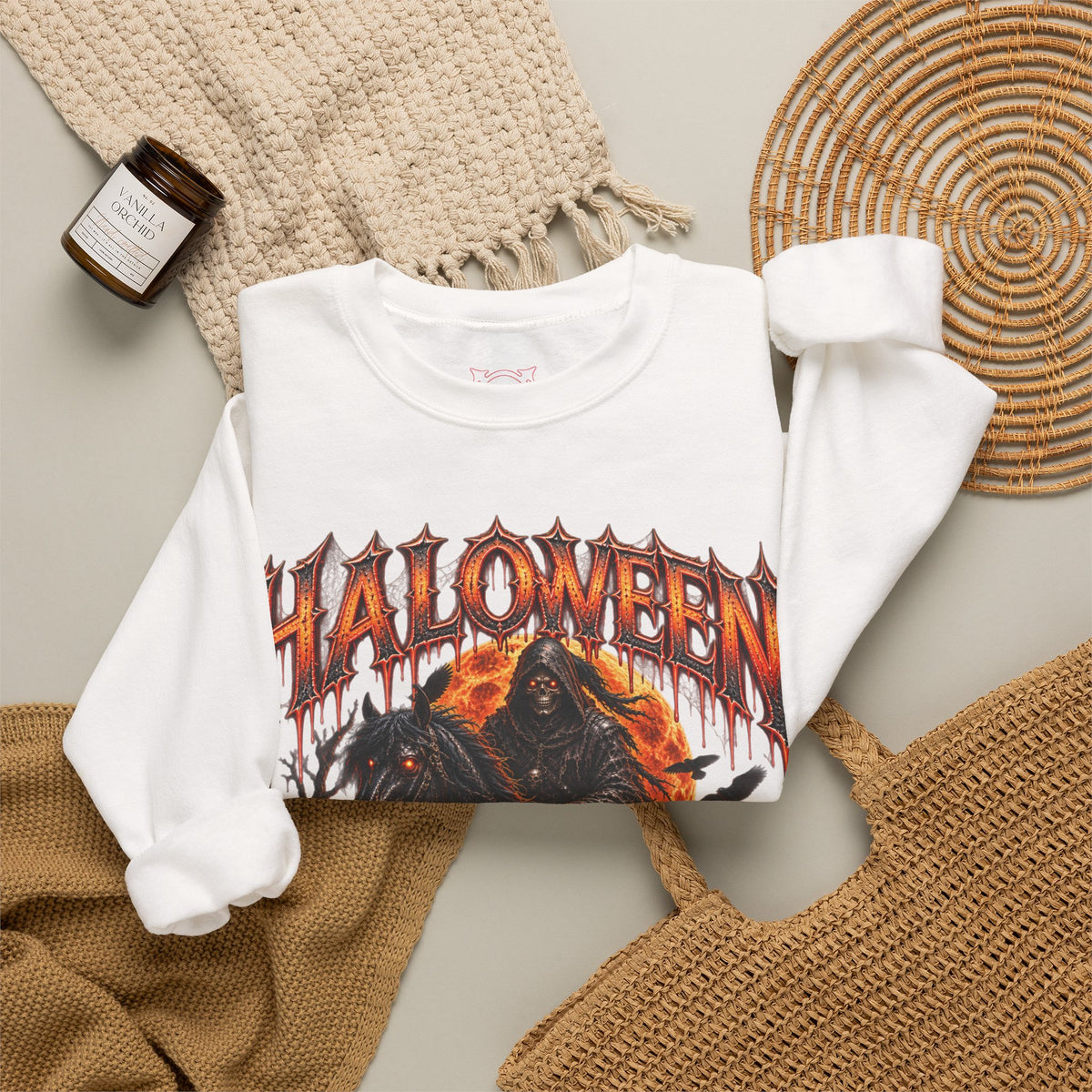 Ride with Death Grim Reaper Sweatshirt in White — folded view