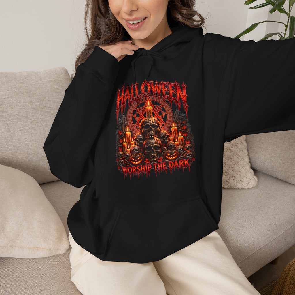 Worship the Dark Occult Hoodie in Black — model view