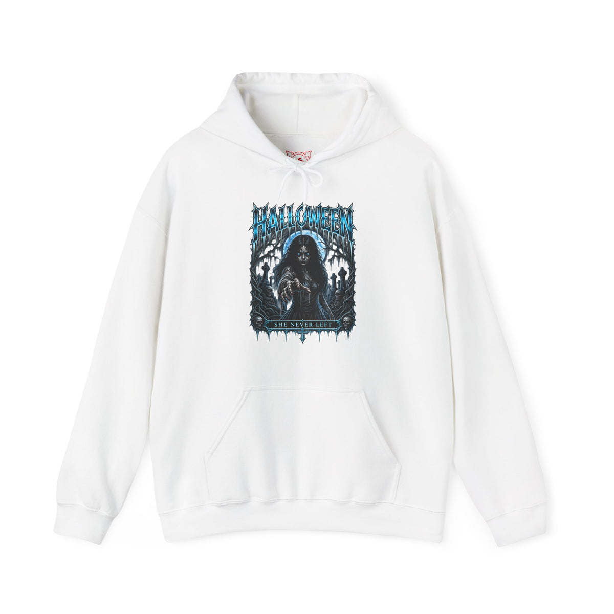 She Never Left Ghost Hoodie in White — front view