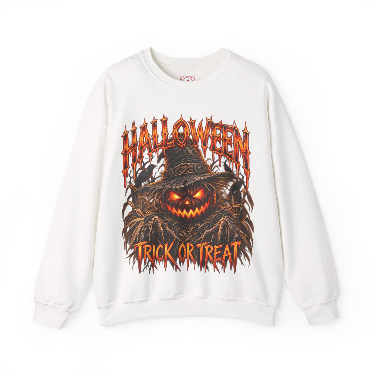 Trick or Treat Pumpkin Scarecrow Sweatshirt in White — front view