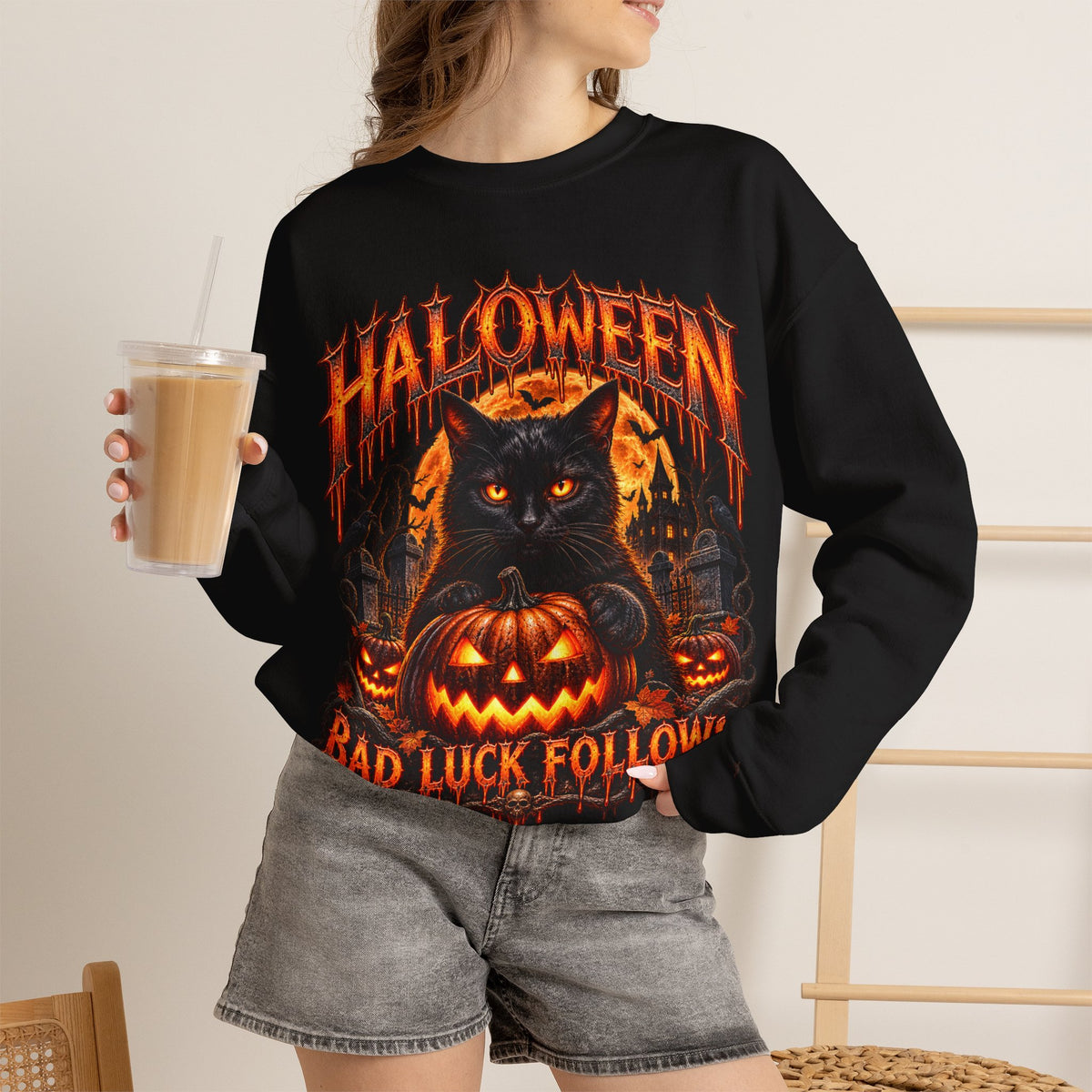 Bad Luck Follows Black Cat Sweatshirt in Black — model view