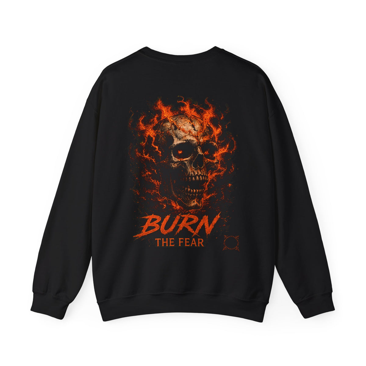 Burn the Fear Flaming Skull Sweatshirt in Black — back view