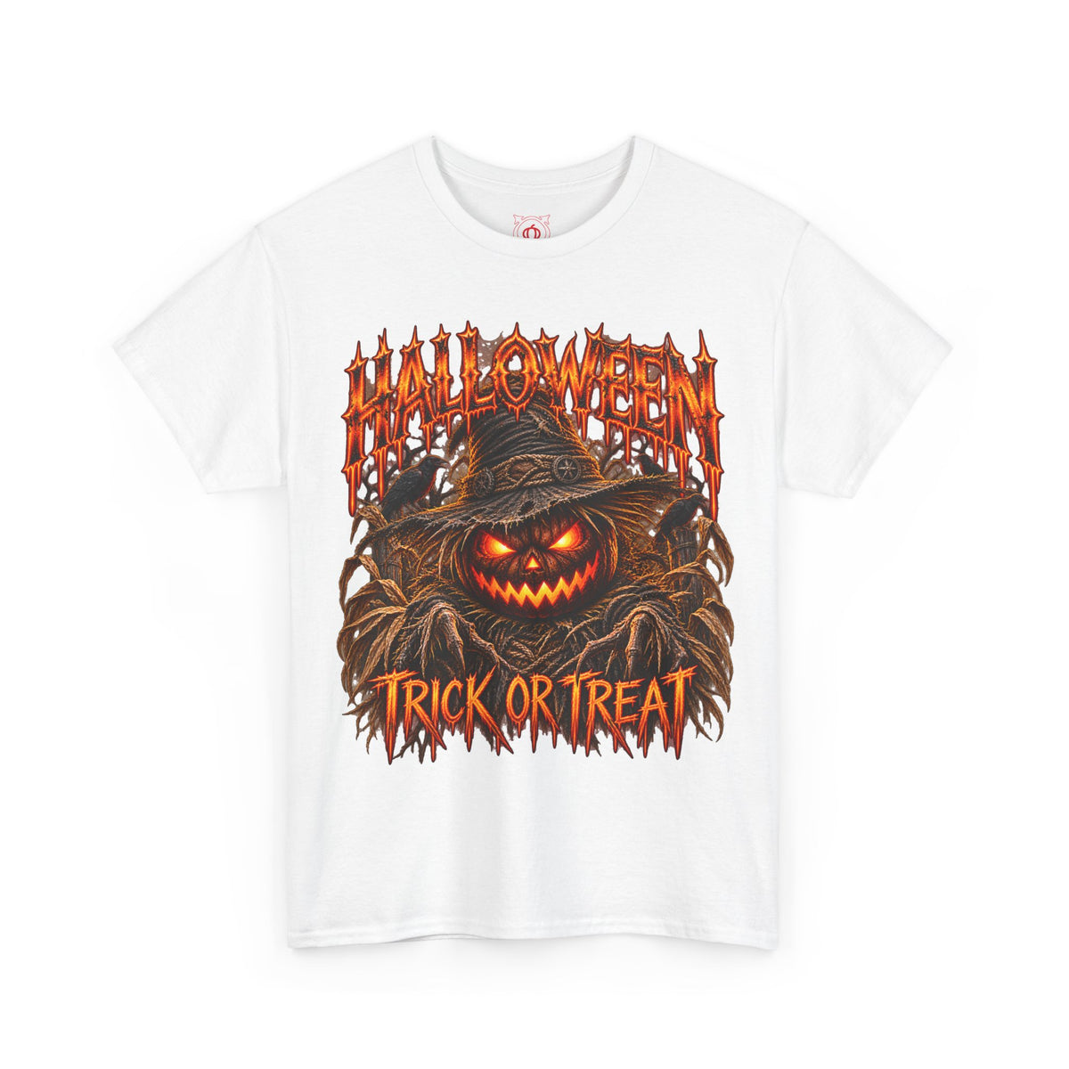 Trick or Treat Pumpkin Scarecrow T-Shirt in White — front view