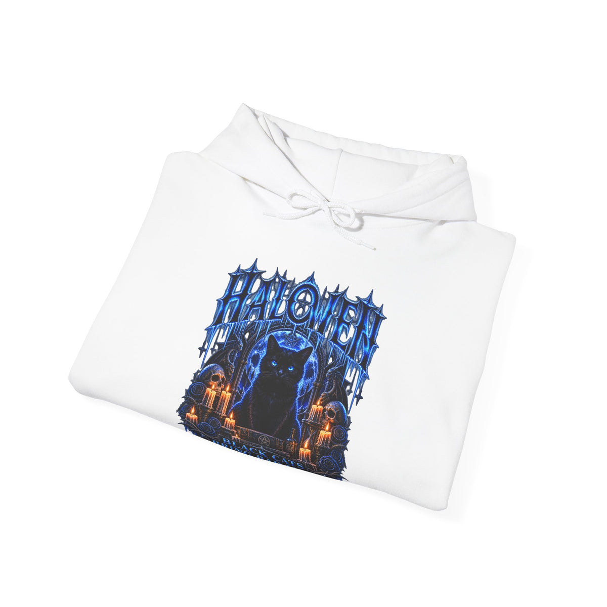 Black Cat Omen Hoodie in White — folded view