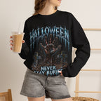 Never Stay Buried Zombie Hand Sweatshirt in Black — model view