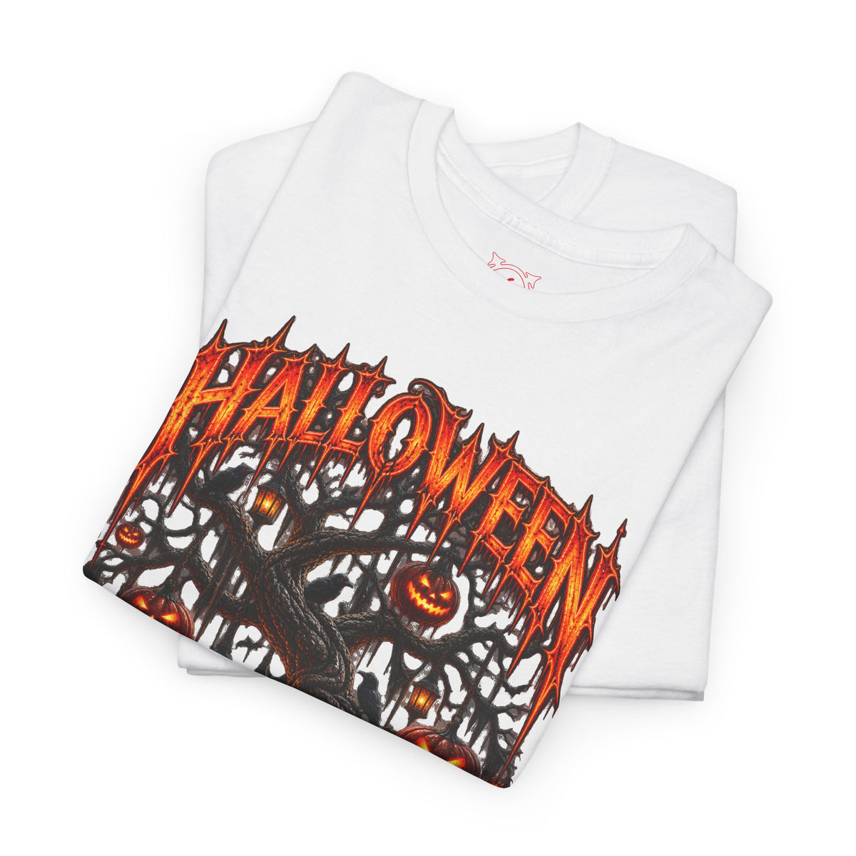 Darkness Grows Pumpkin Tree T-Shirt in White — folded view