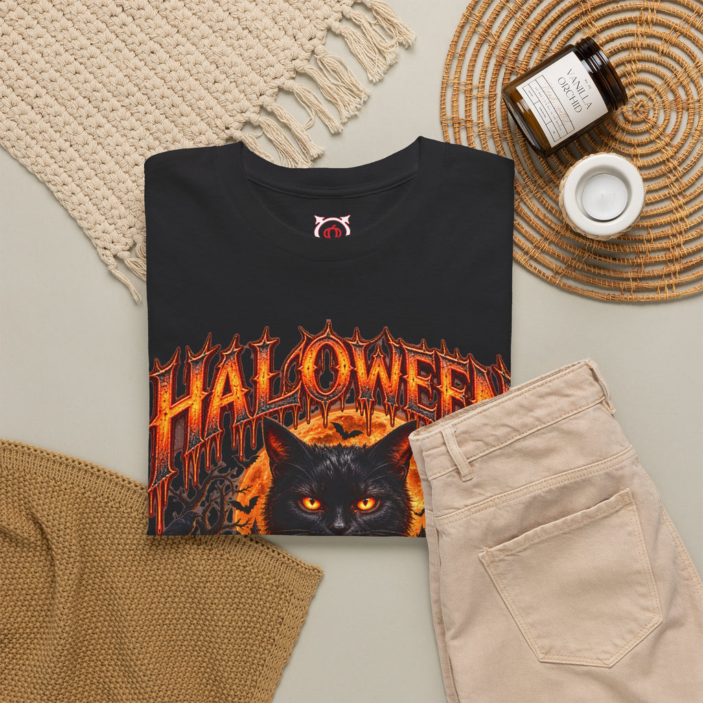 Bad Luck Follows Black Cat T-Shirt in Black — folded view