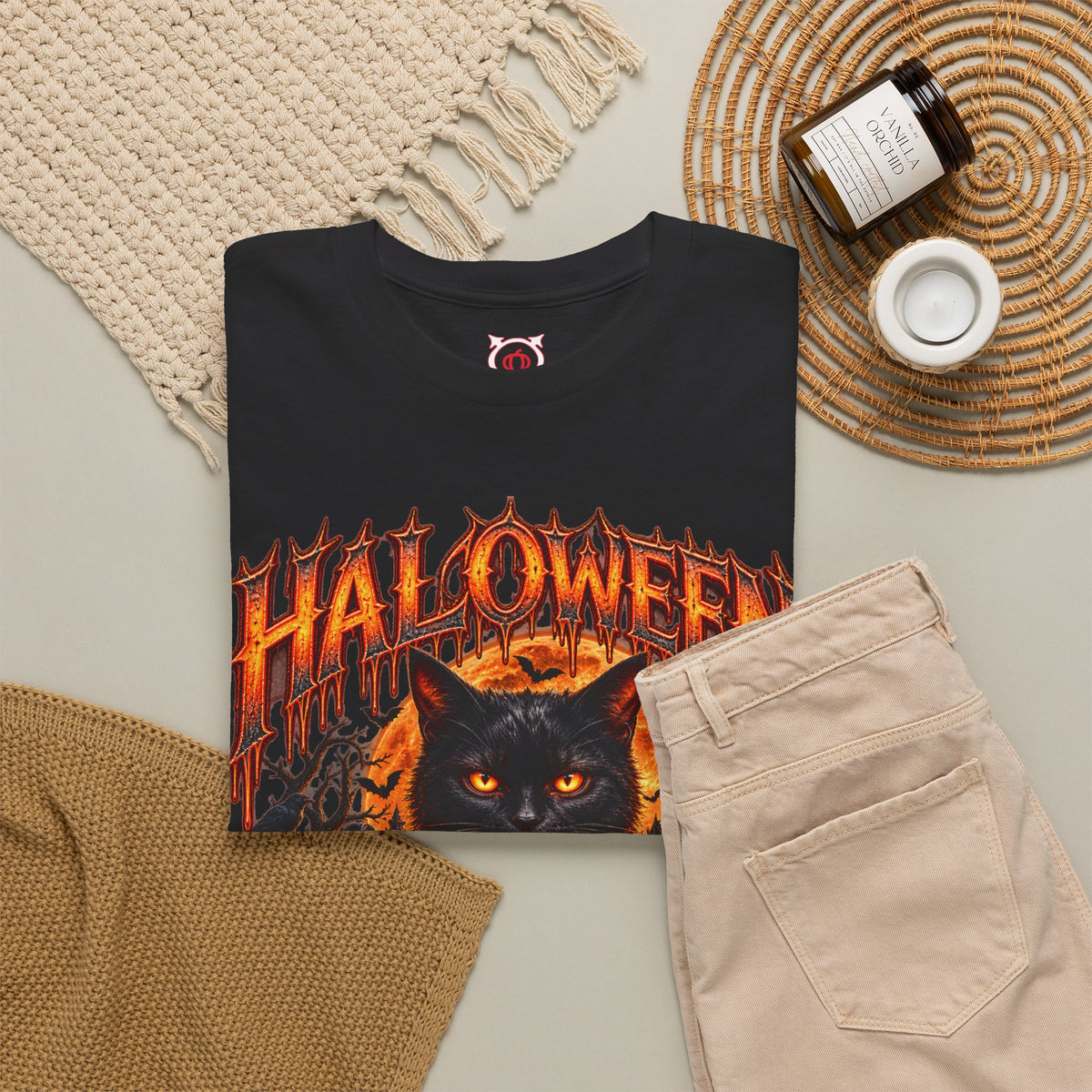 Bad Luck Follows Black Cat T-Shirt in Black — folded view