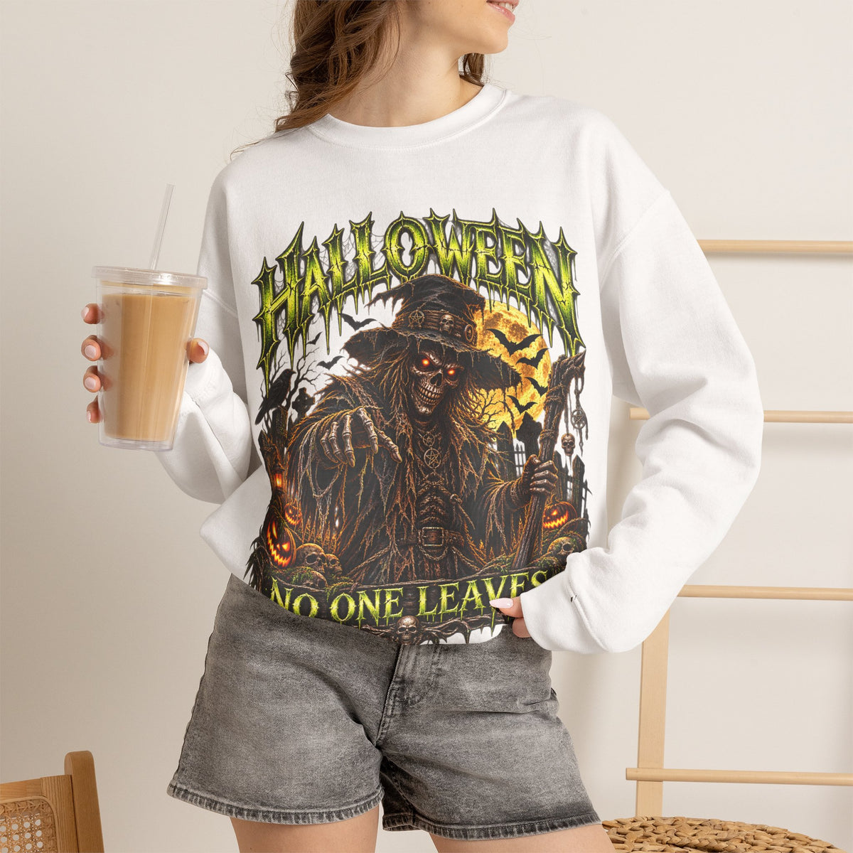 No One Leaves Scarecrow Sweatshirt in White — model view