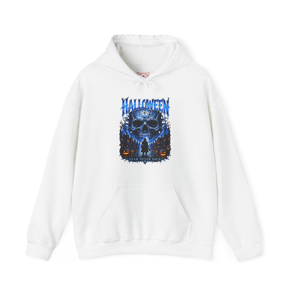 Fear Never Dies Skull Hoodie in White — front view
