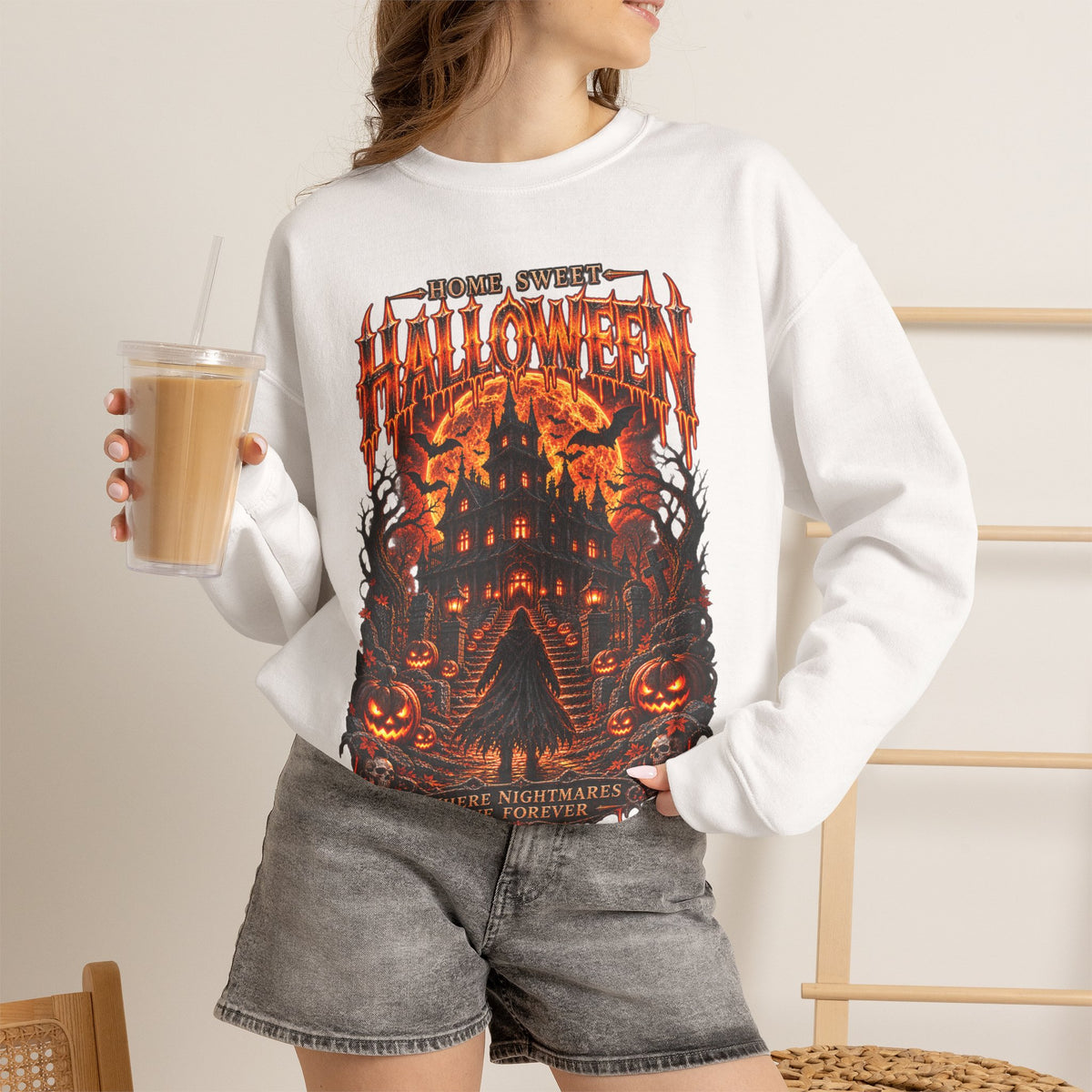 Home Sweet Halloween Haunted House Sweatshirt in White — model view