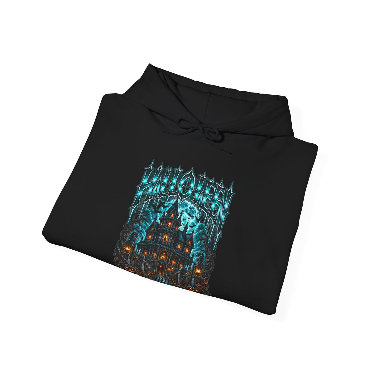 Midnight Manor Haunted House Hoodie in Black — folded view