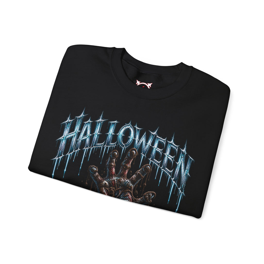 Never Stay Buried Zombie Hand Sweatshirt in Black — folded view