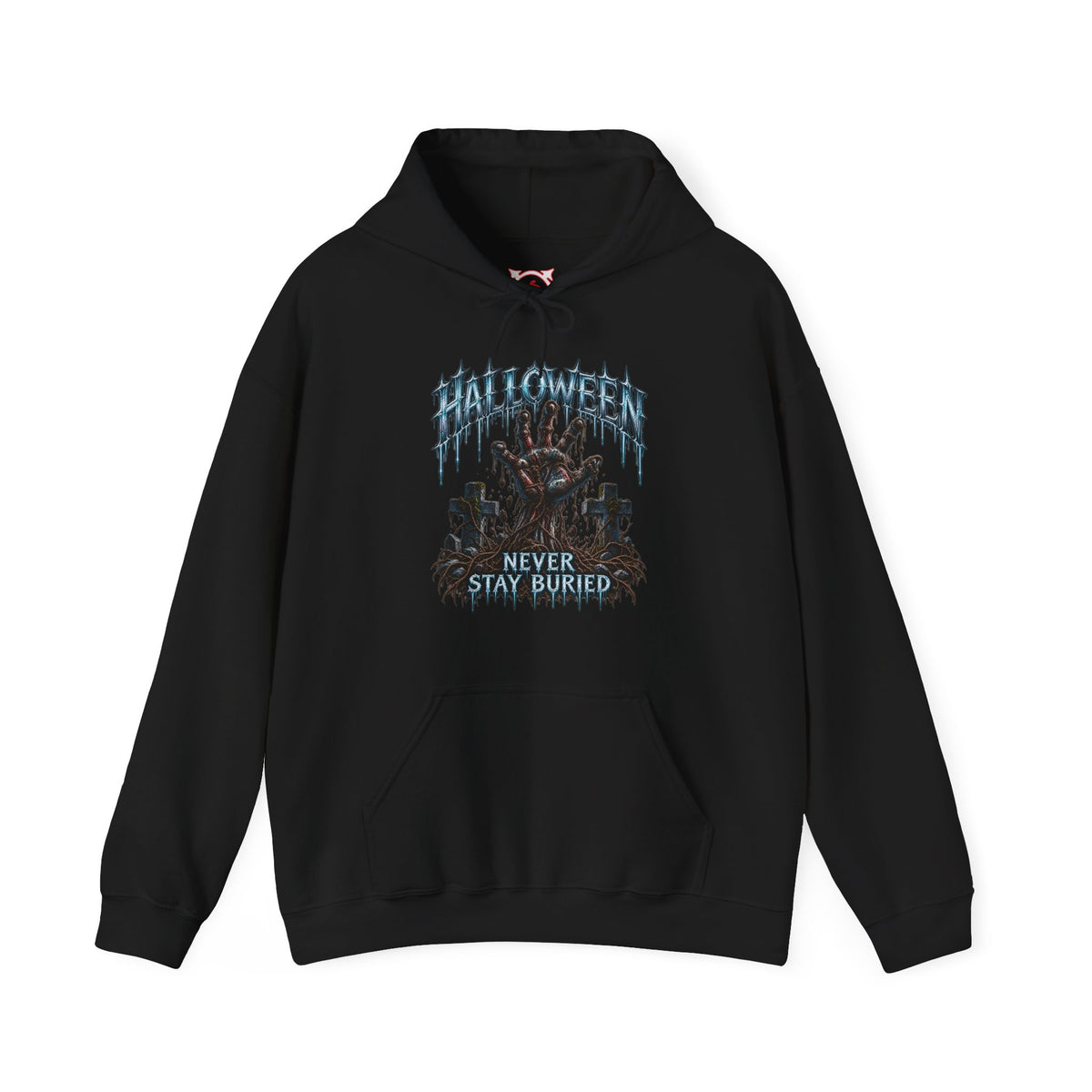 Never Stay Buried Zombie Hand Hoodie in Black — front view