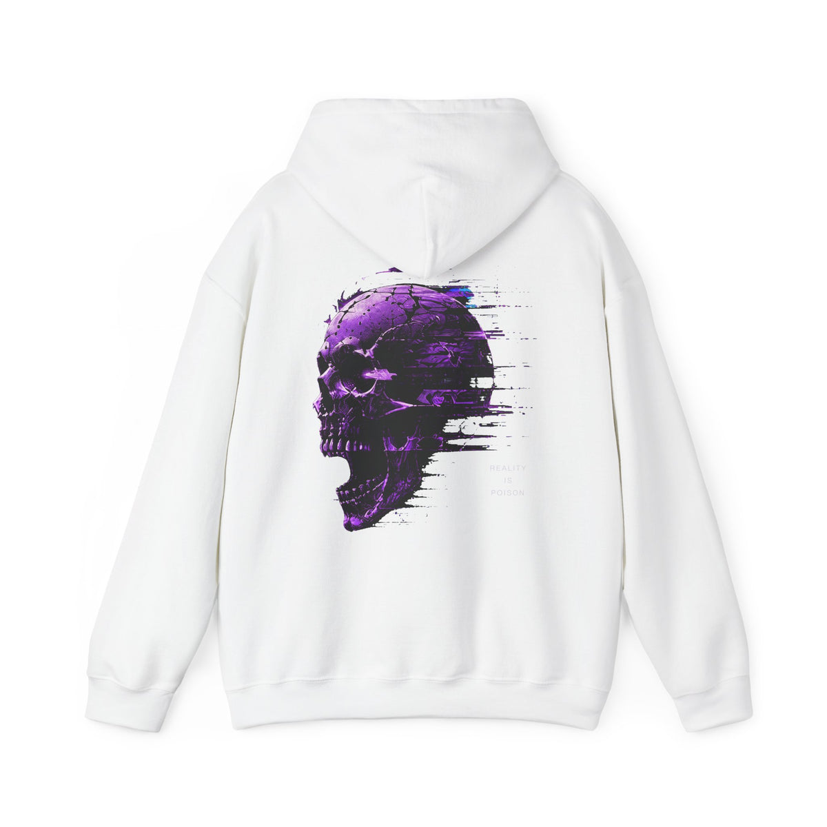 Reality Is Poison Glitch Skull Hoodie in White — back view