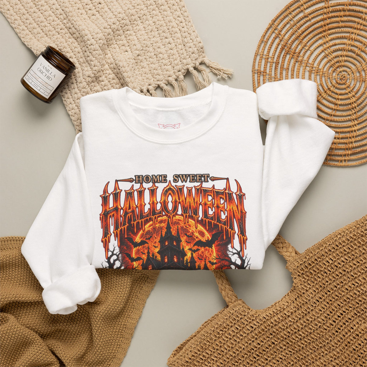 Home Sweet Halloween Haunted House Sweatshirt in White — folded view