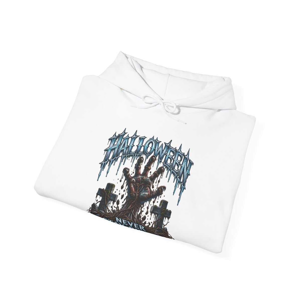 Never Stay Buried Zombie Hand Hoodie in White — folded view