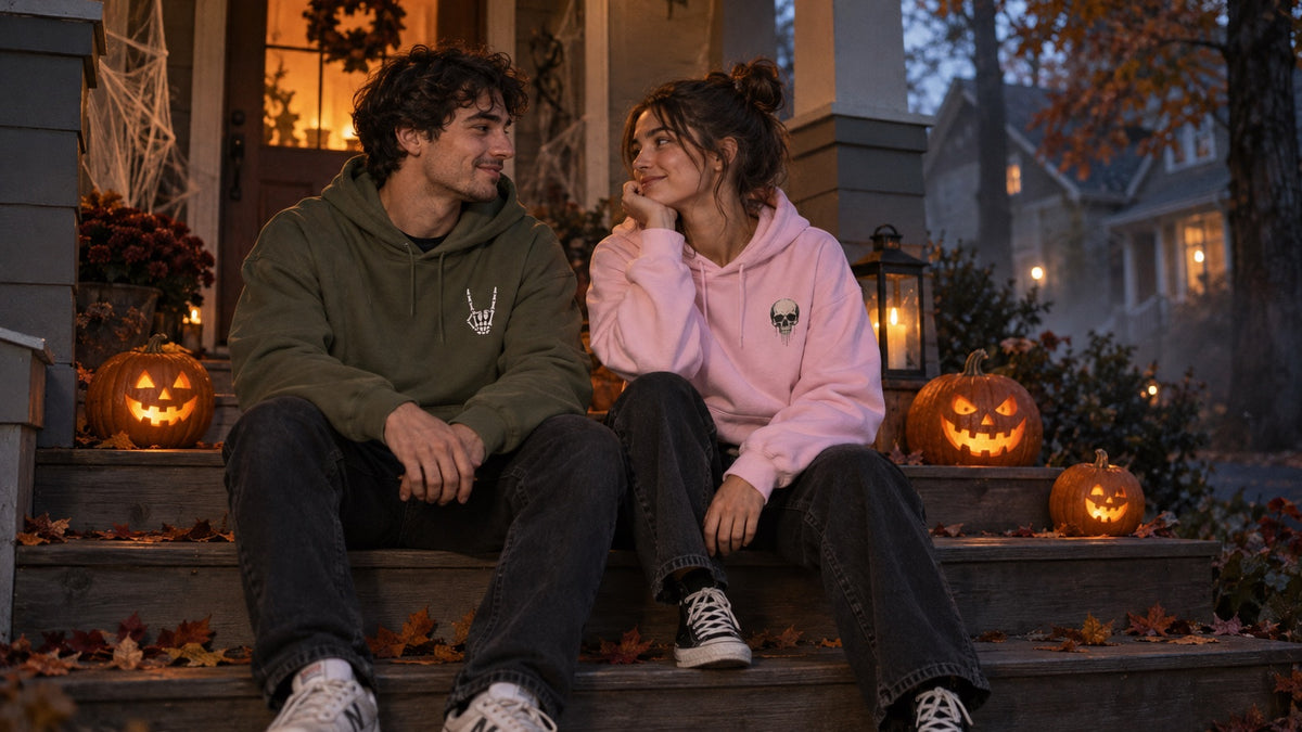 Two friends wearing the Military Green Bone Sign and Light Pink Dripping Skull hoodies on a Halloween porch with glowing pumpkins.